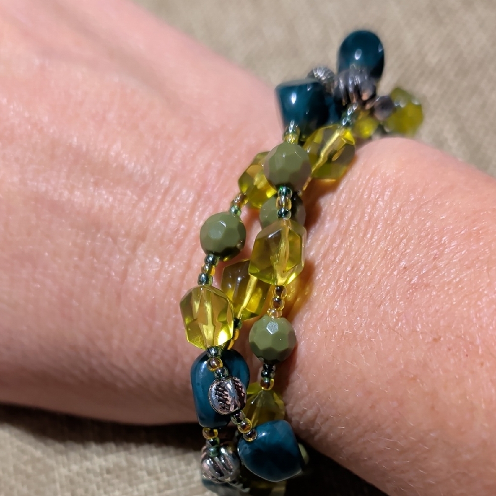 Green And Yellow Beaded Triple Strand Stretch Bracelet
